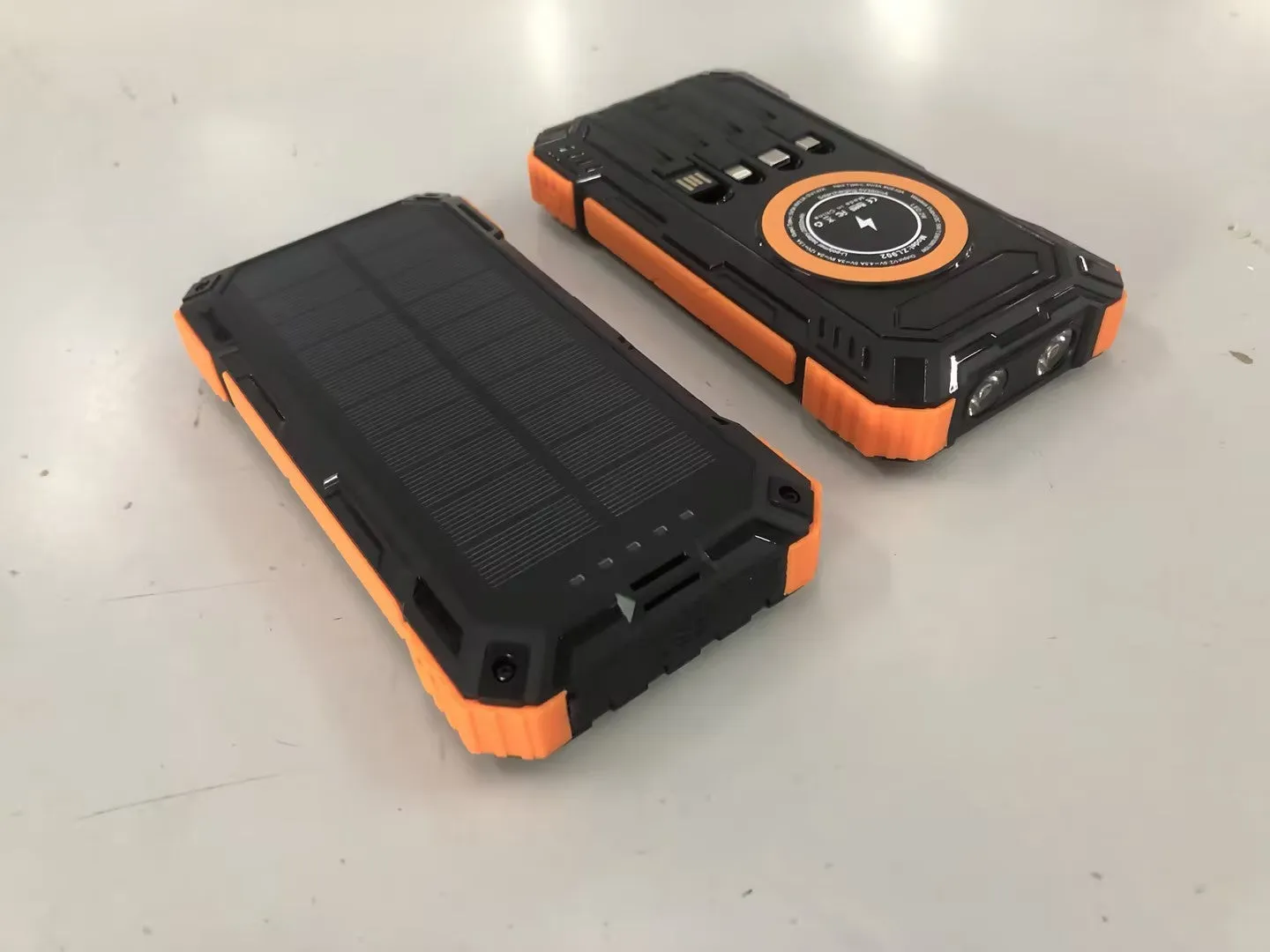 Industrial style 20000mAh solar power bank with LED flashlight black ABS plastic shell