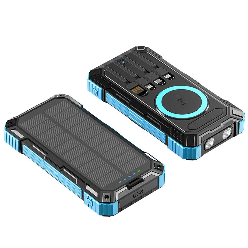 Industrial style 20000mAh solar power bank with LED flashlight black ABS plastic shell