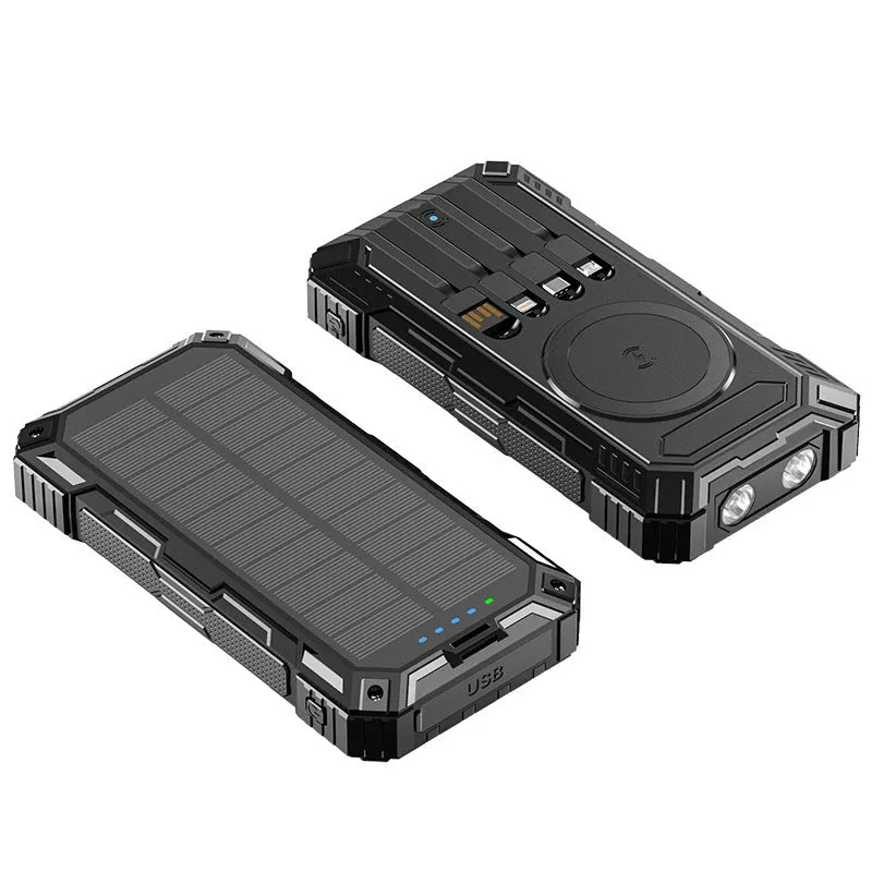 Industrial style 20000mAh solar power bank with LED flashlight black ABS plastic shell