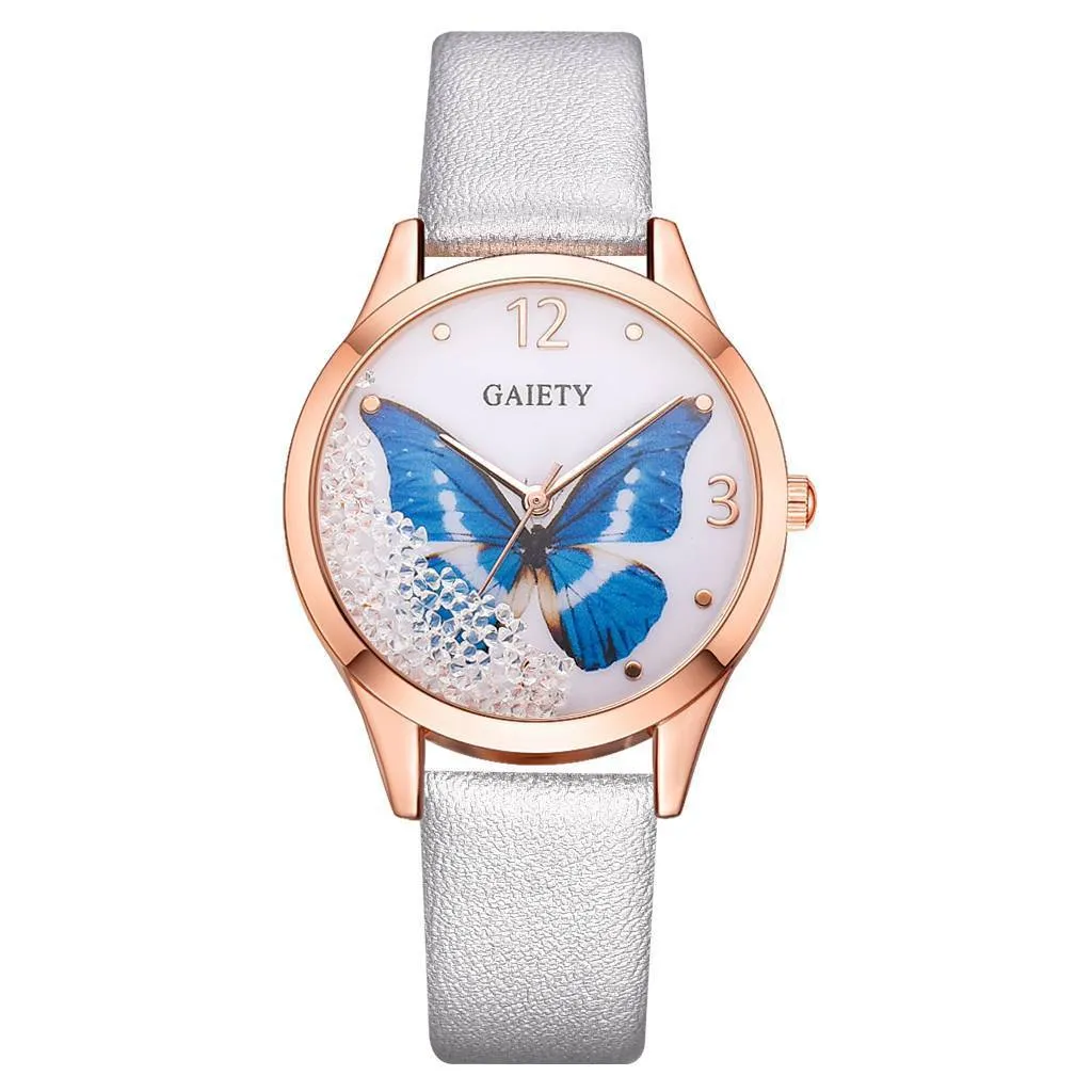 Gaiety women's watch with removable rhinestone butterfly on round dial and leather strap