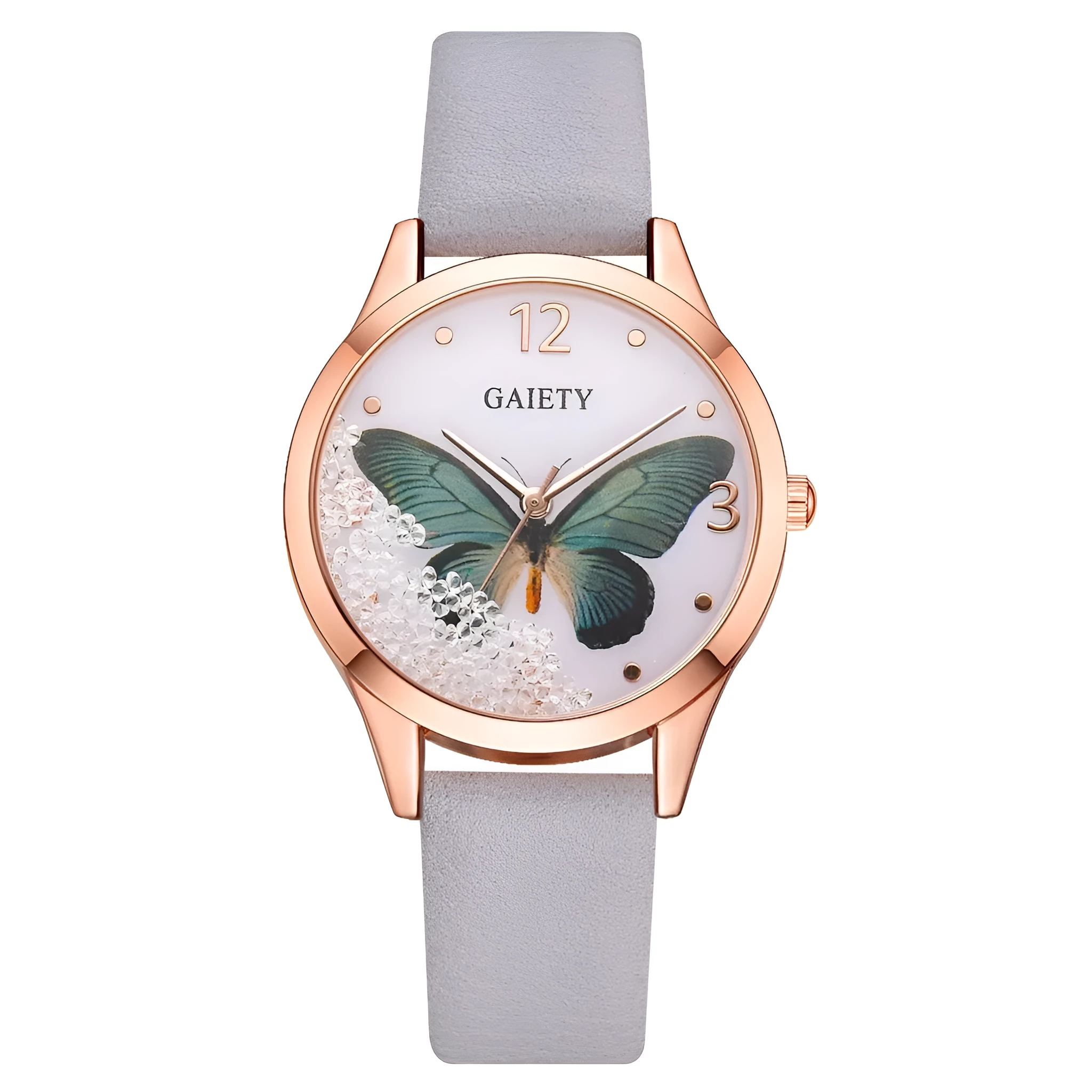 Gaiety women's watch with removable rhinestone butterfly on round dial and leather strap