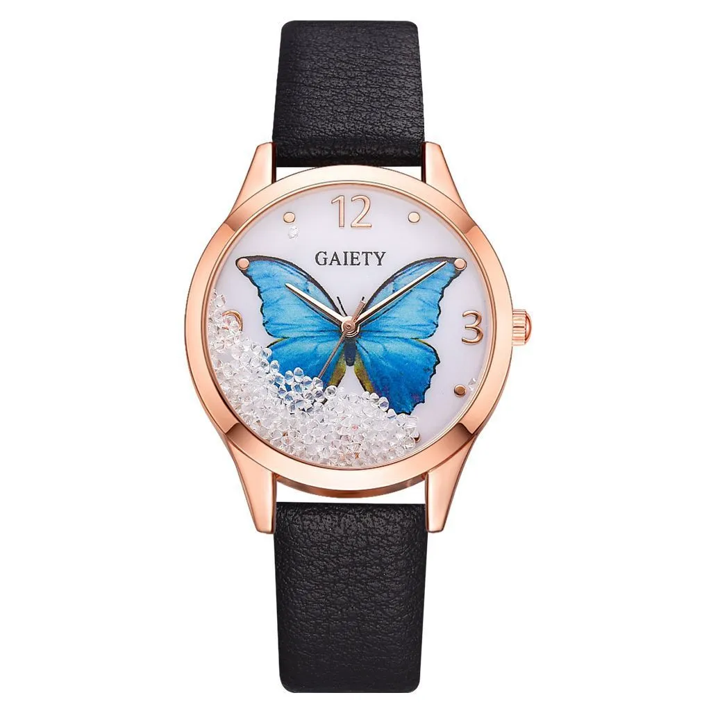 Gaiety women's watch with removable rhinestone butterfly on round dial and leather strap