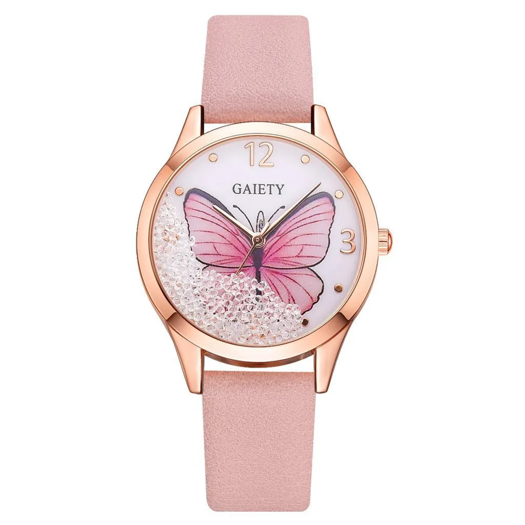 Gaiety women's watch with removable rhinestone butterfly on round dial and leather strap
