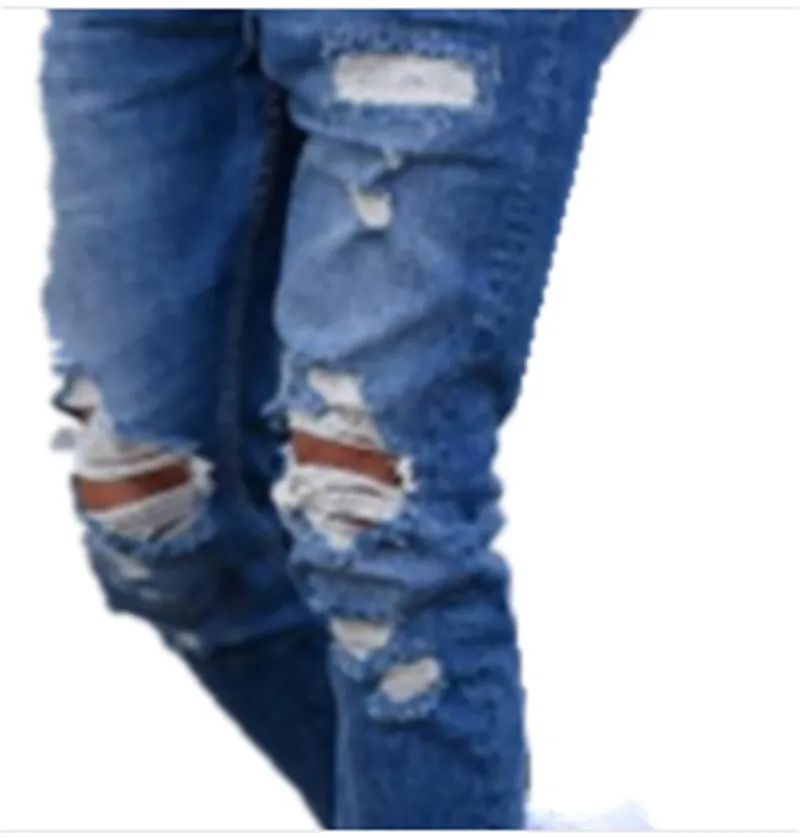 Men's distressed blue jeans with hole detailing in cotton fabric