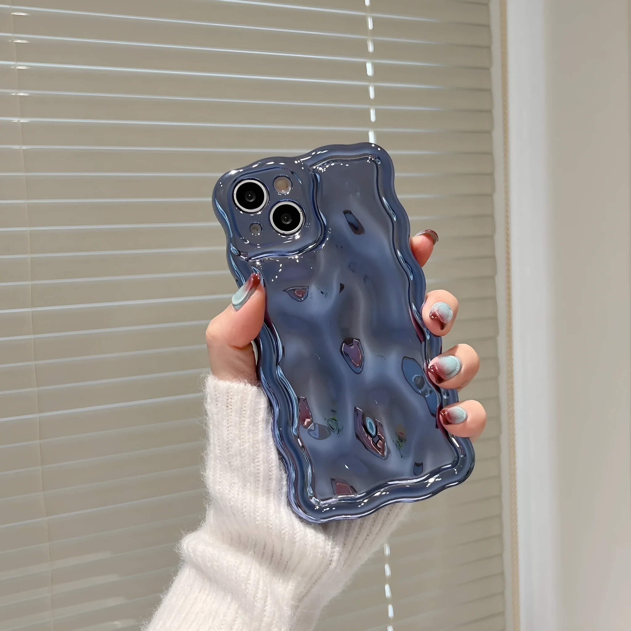 Electroplated water ripple TPU phone case in blue for iPhone models, all-inclusive coverage, anti-fingerprint surface