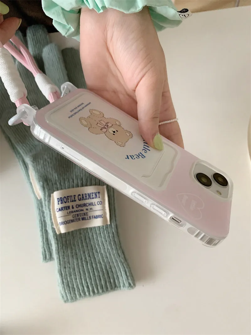 Pink bear TPU phone case with card holder and lanyard for iPhone 13