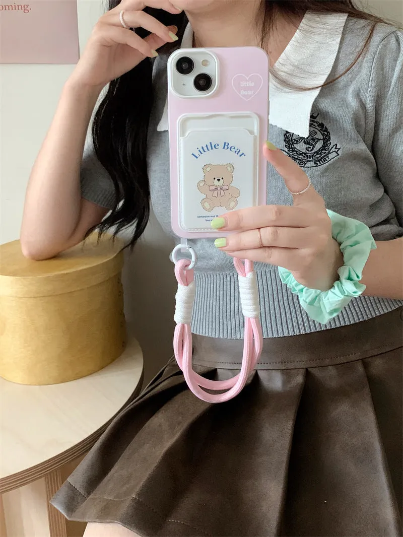 Pink bear TPU phone case with card holder and lanyard for iPhone 13