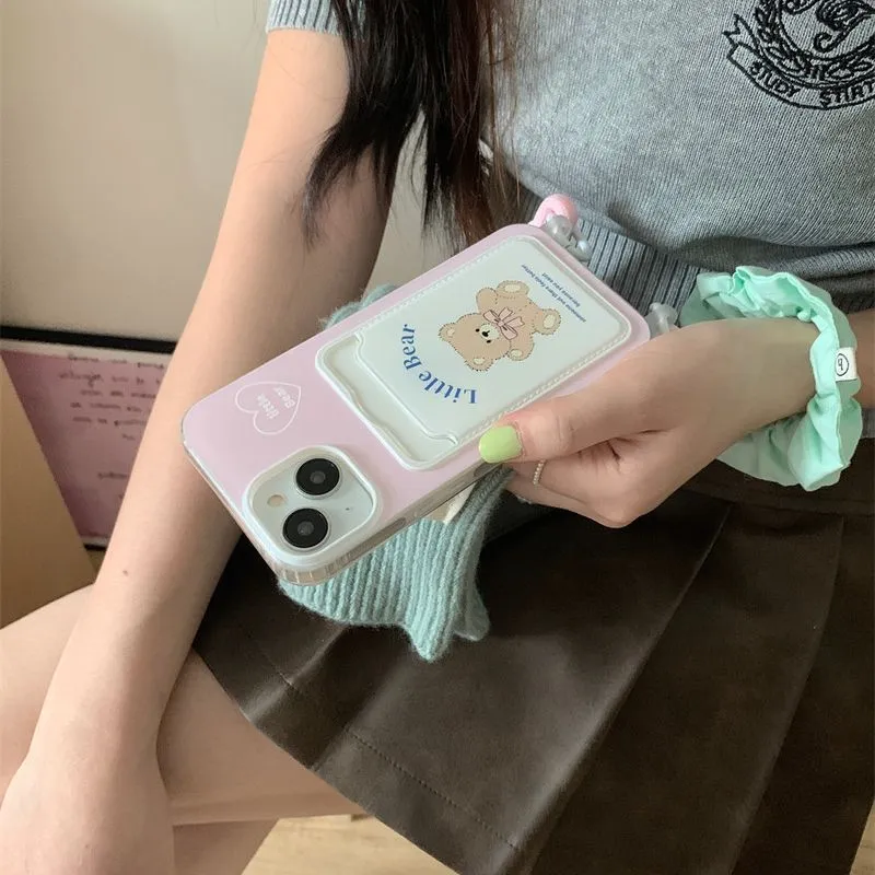 Pink bear TPU phone case with card holder and lanyard for iPhone 13