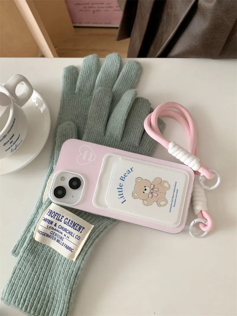 Pink bear TPU phone case with card holder and lanyard for iPhone 13