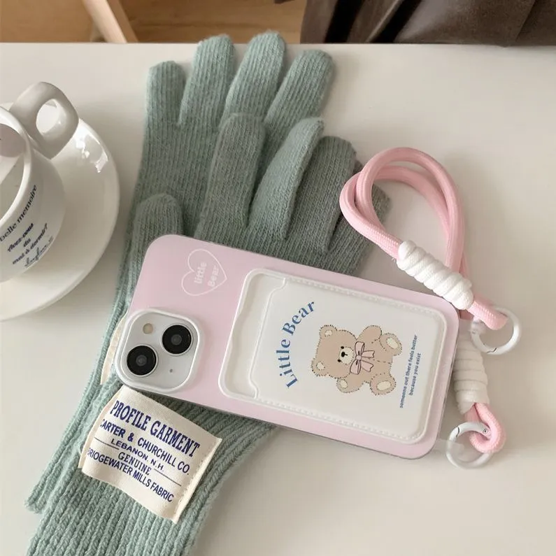 Pink bear TPU phone case with card holder and lanyard for iPhone 13
