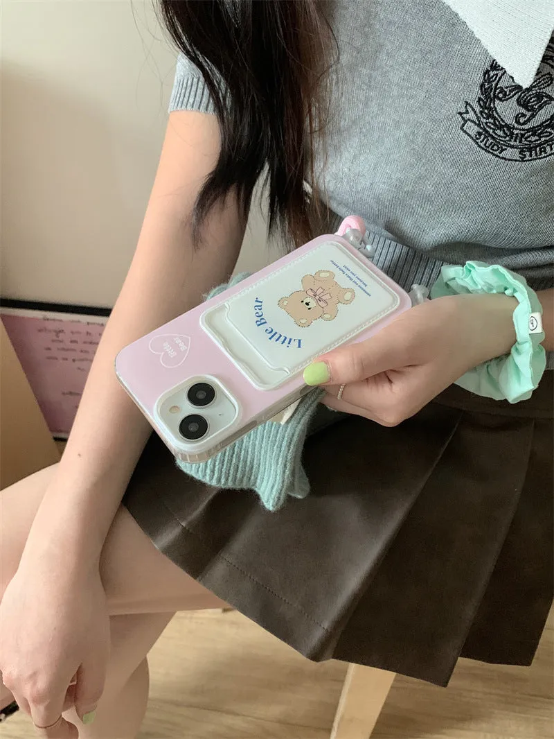 Pink bear TPU phone case with card holder and lanyard for iPhone 13