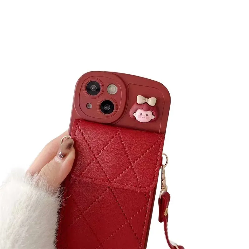 Red diamond plaid TPU crossbody card holder phone case with lanyard for iPhone models