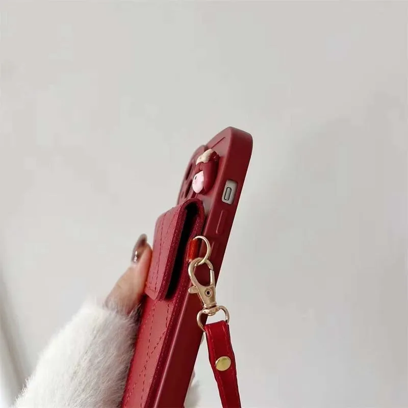 Red diamond plaid TPU crossbody card holder phone case with lanyard for iPhone models