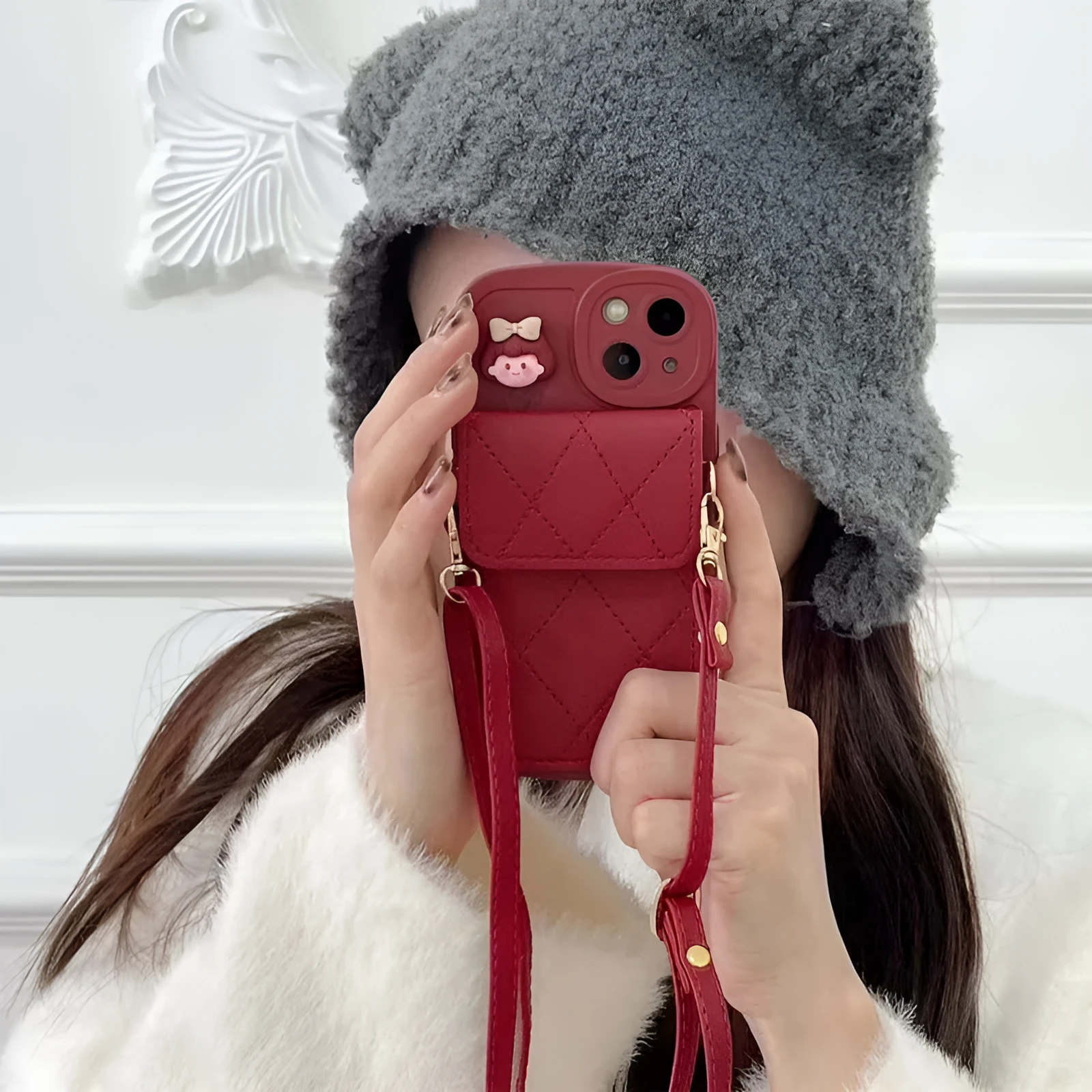 Red diamond plaid TPU crossbody card holder phone case with lanyard for iPhone models