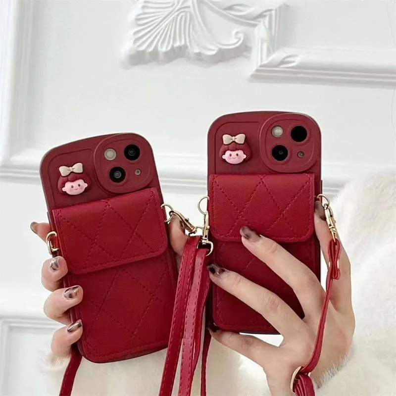 Red diamond plaid TPU crossbody card holder phone case with lanyard for iPhone models