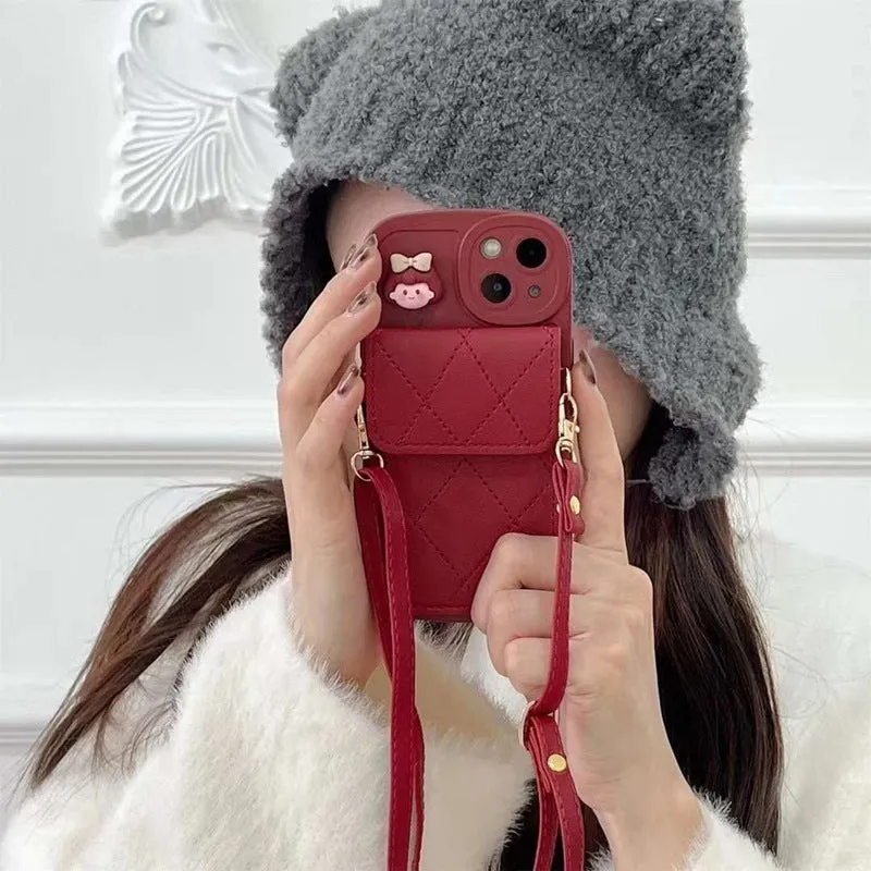 Red diamond plaid TPU crossbody card holder phone case with lanyard for iPhone models