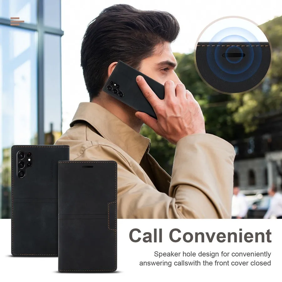 Samsung flip leather phone case in black with magnetic closure and built-in kickstand bracket