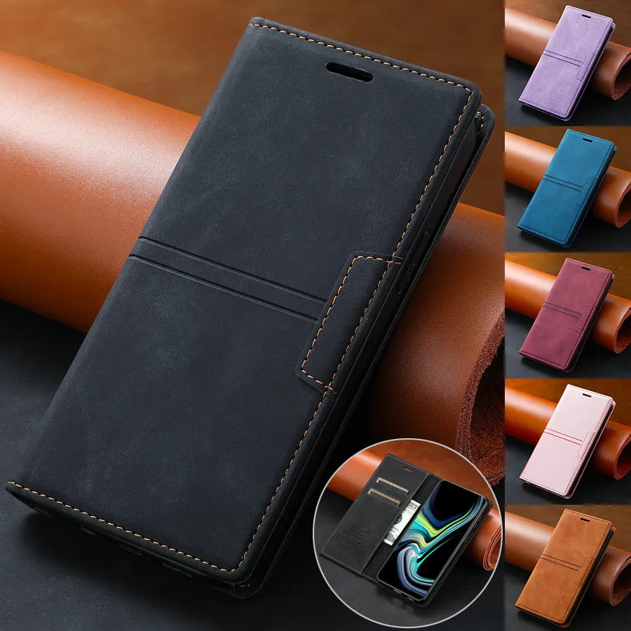 Samsung flip leather phone case in black with magnetic closure and built-in kickstand bracket