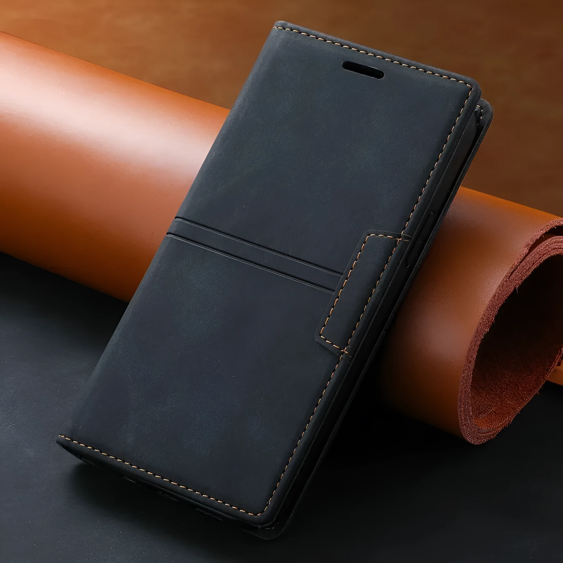 Samsung flip leather phone case in black with magnetic closure and built-in kickstand bracket
