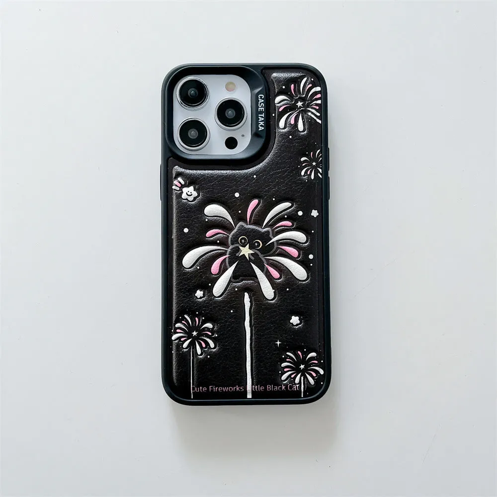 Leather embossed TPU phone case for iPhone 12-15 with colourful fireworks design, transparent back, and precise cutouts