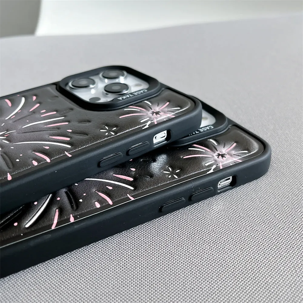 Leather embossed TPU phone case for iPhone 12-15 with colourful fireworks design, transparent back, and precise cutouts