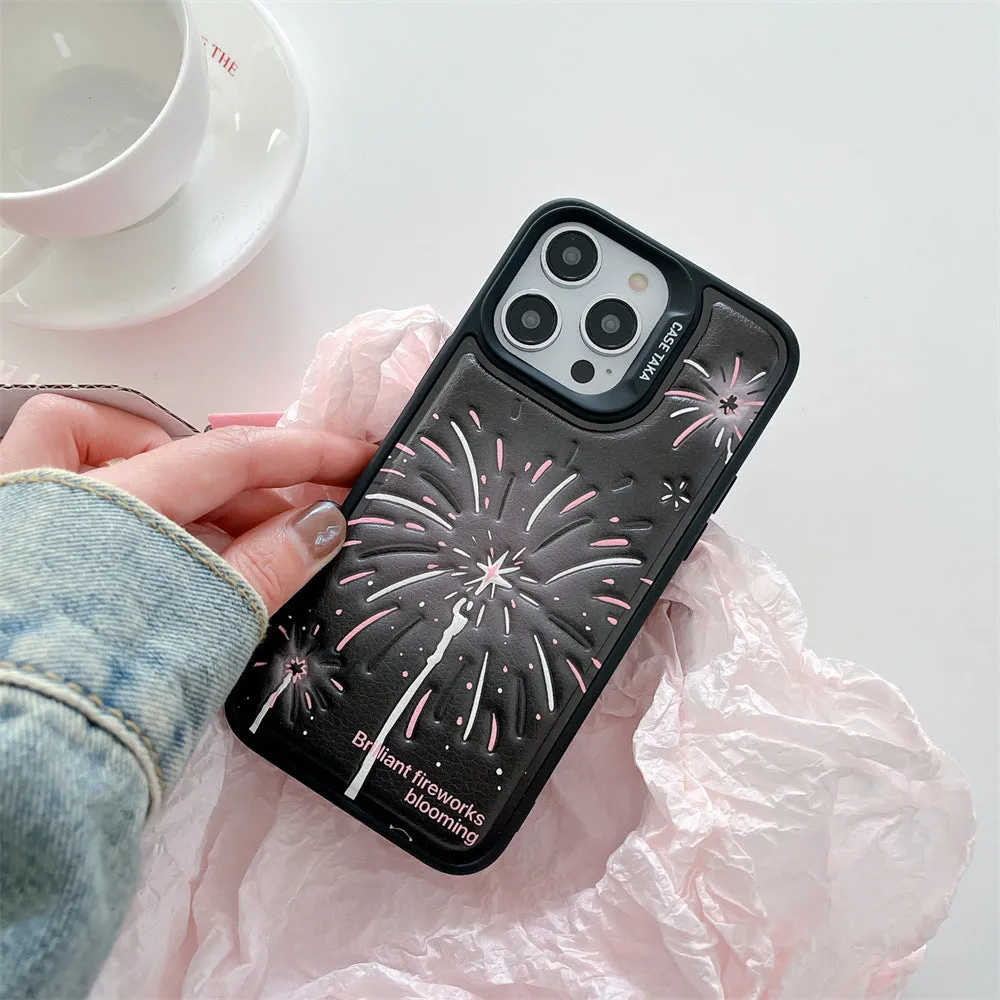Leather embossed TPU phone case for iPhone 12-15 with colourful fireworks design, transparent back, and precise cutouts