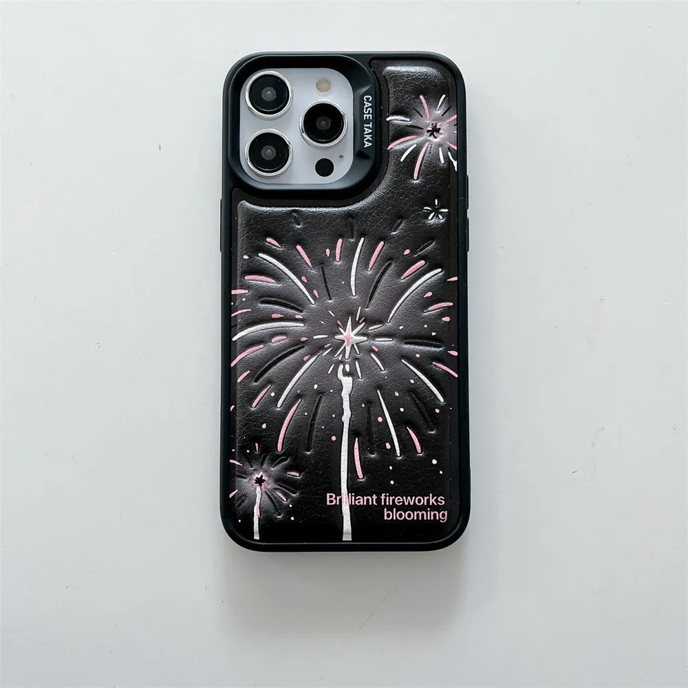 Leather embossed TPU phone case for iPhone 12-15 with colourful fireworks design, transparent back, and precise cutouts