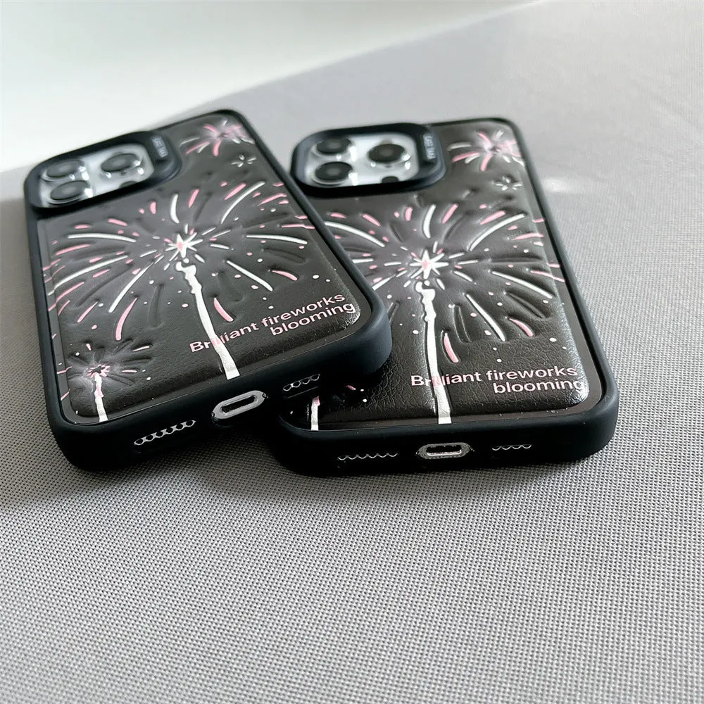 Leather embossed TPU phone case for iPhone 12-15 with colourful fireworks design, transparent back, and precise cutouts