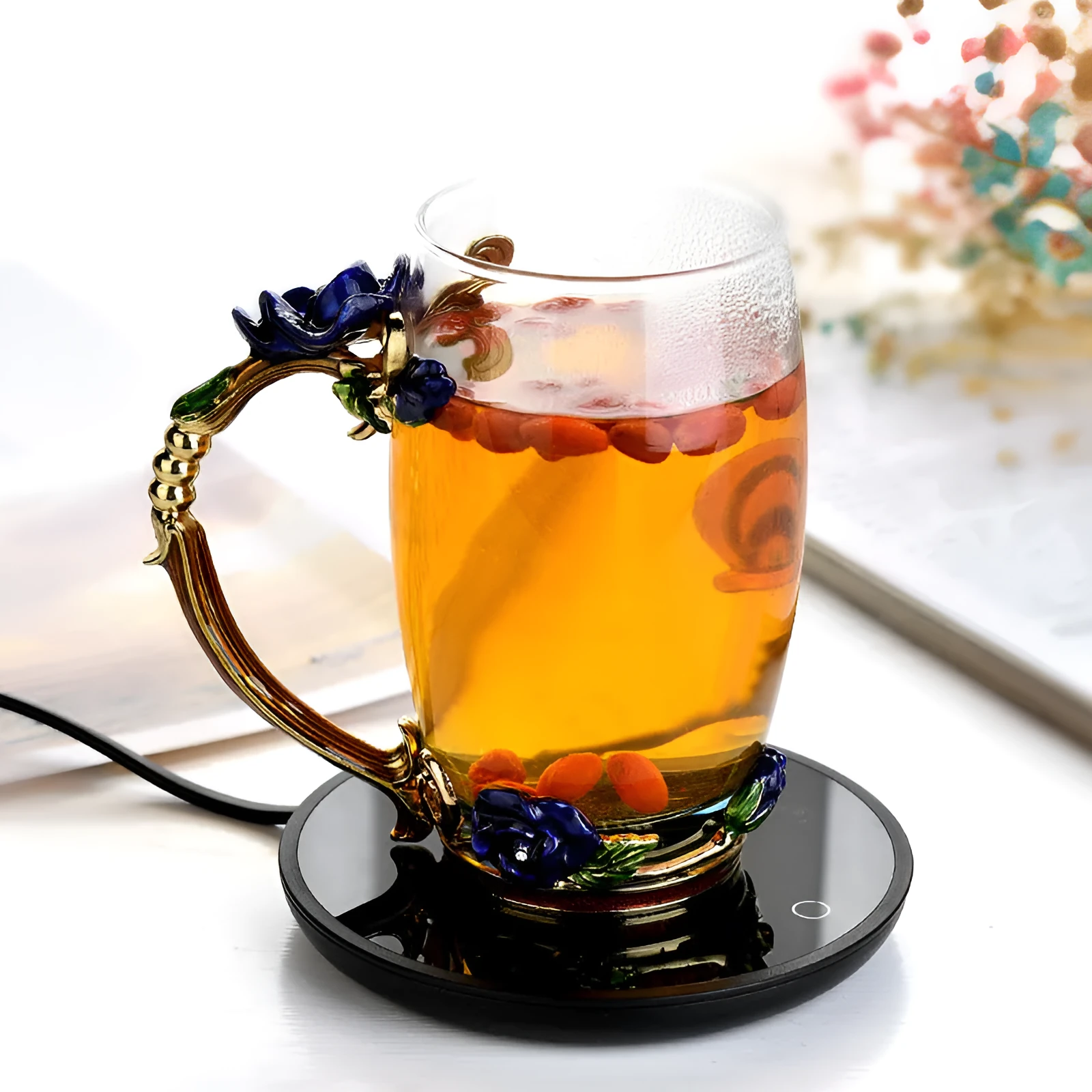 Black cup warmer with tempered glass surface and adjustable temperature control