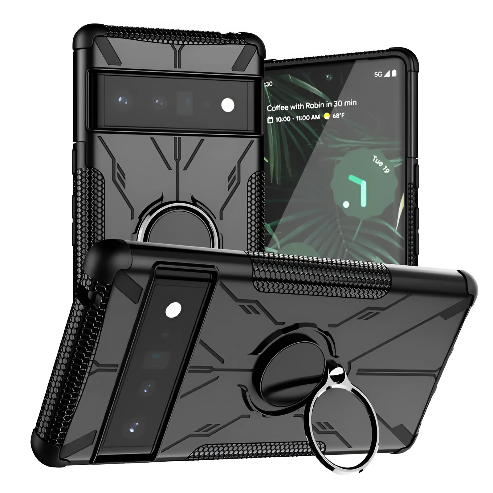 Magnetic car ring bracket phone case for Google Pixel 6 in black with Mecha Bear design and TPU shockproof construction