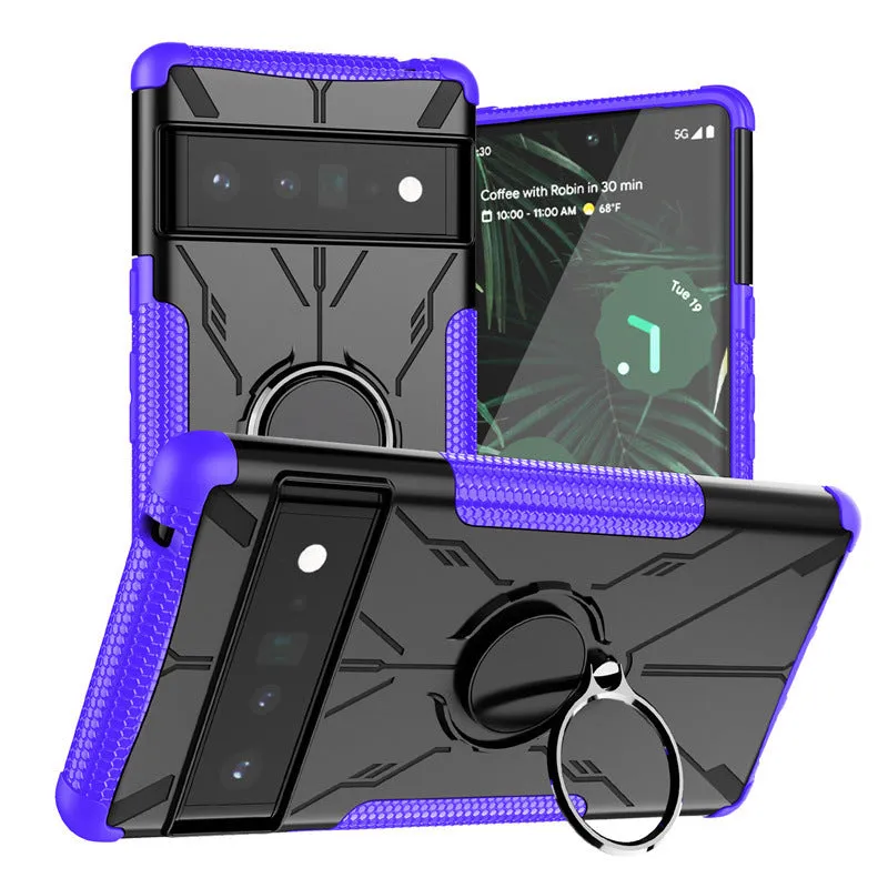 Magnetic car ring bracket phone case for Google Pixel 6 in black with Mecha Bear design and TPU shockproof construction
