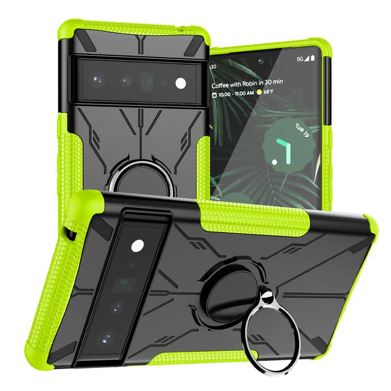 Magnetic car ring bracket phone case for Google Pixel 6 in black with Mecha Bear design and TPU shockproof construction