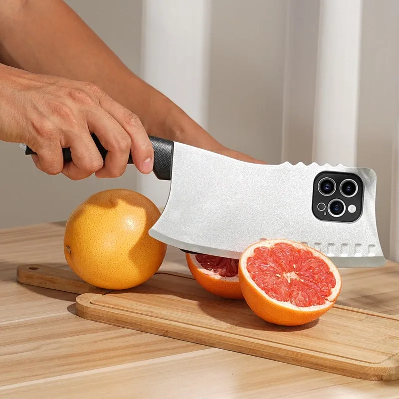 Kitchen knife design TPU PC phone case for iPhone 15 in black showing rear camera cutout
