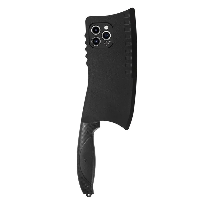 Kitchen knife design TPU PC phone case for iPhone 15 in black showing rear camera cutout
