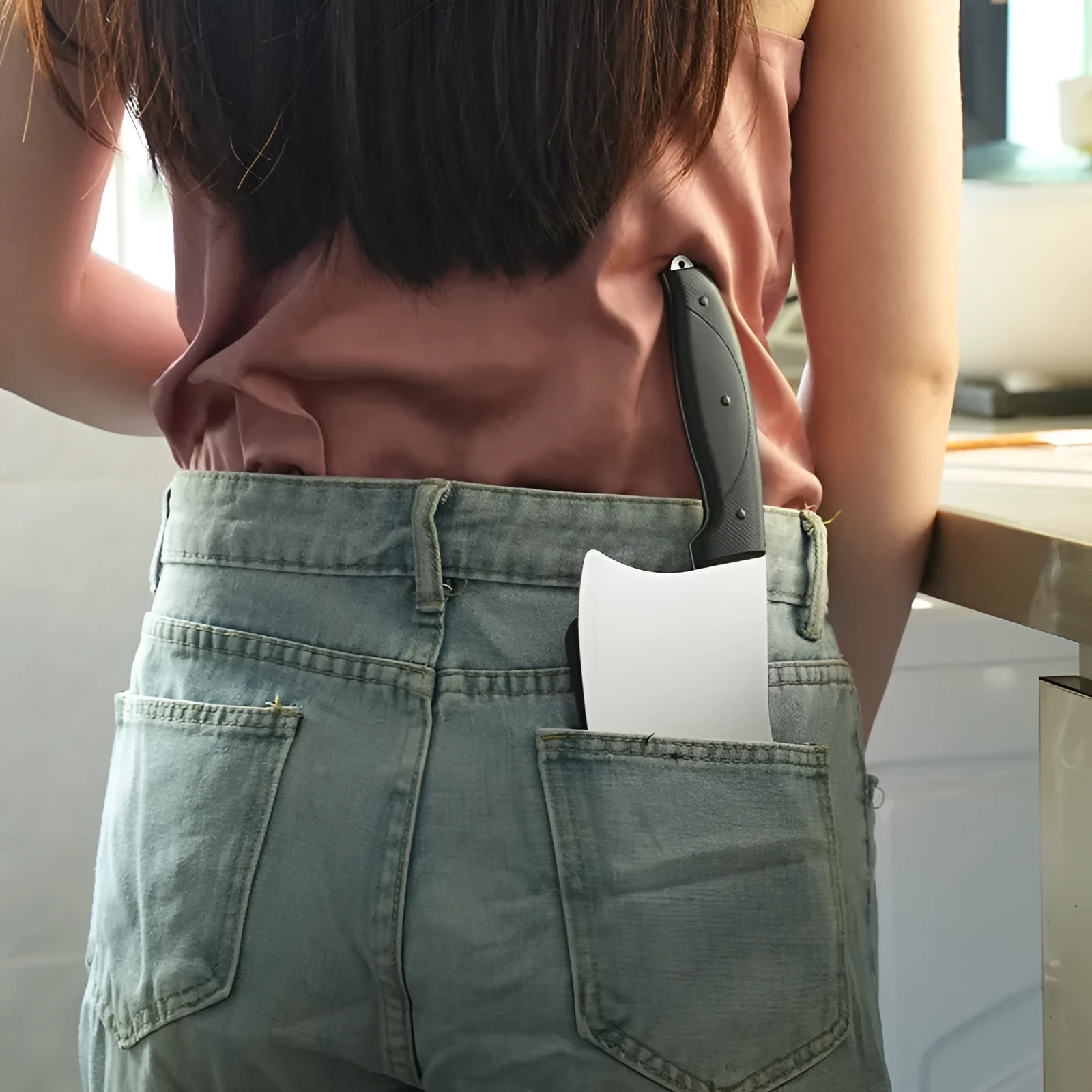 Kitchen knife design TPU PC phone case for iPhone 15 in black showing rear camera cutout