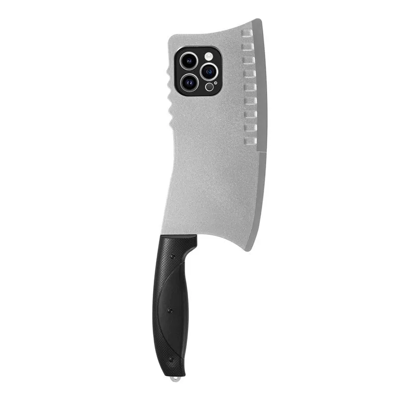 Kitchen knife design TPU PC phone case for iPhone 15 in black showing rear camera cutout