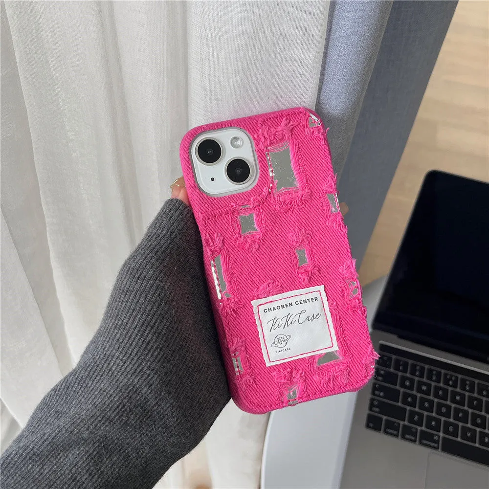 Mirror hole denim TPU phone case with rhinestone animal pattern for iPhone, back cover in rose red