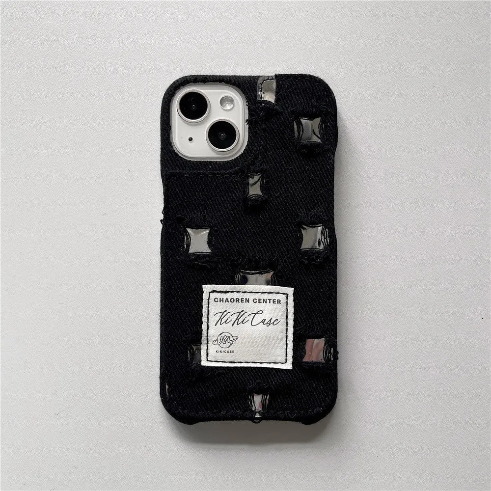 Mirror hole denim TPU phone case with rhinestone animal pattern for iPhone, back cover in rose red