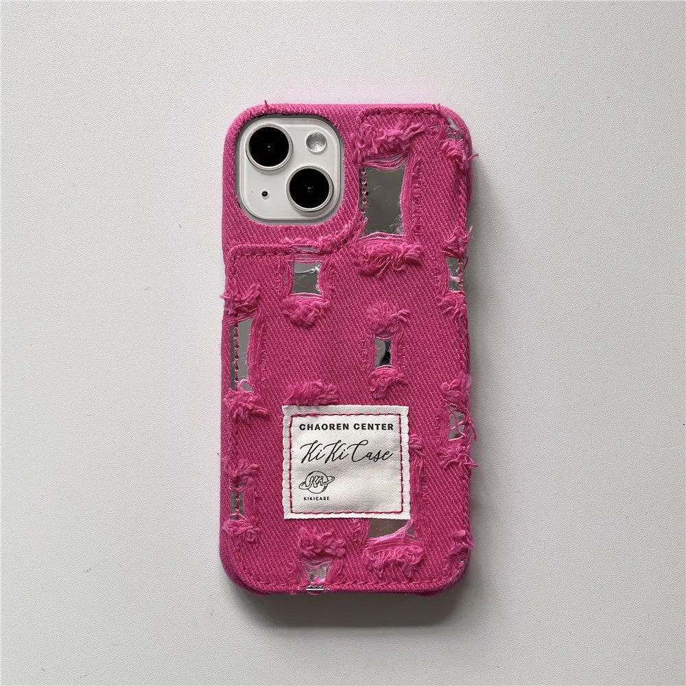 Mirror hole denim TPU phone case with rhinestone animal pattern for iPhone, back cover in rose red