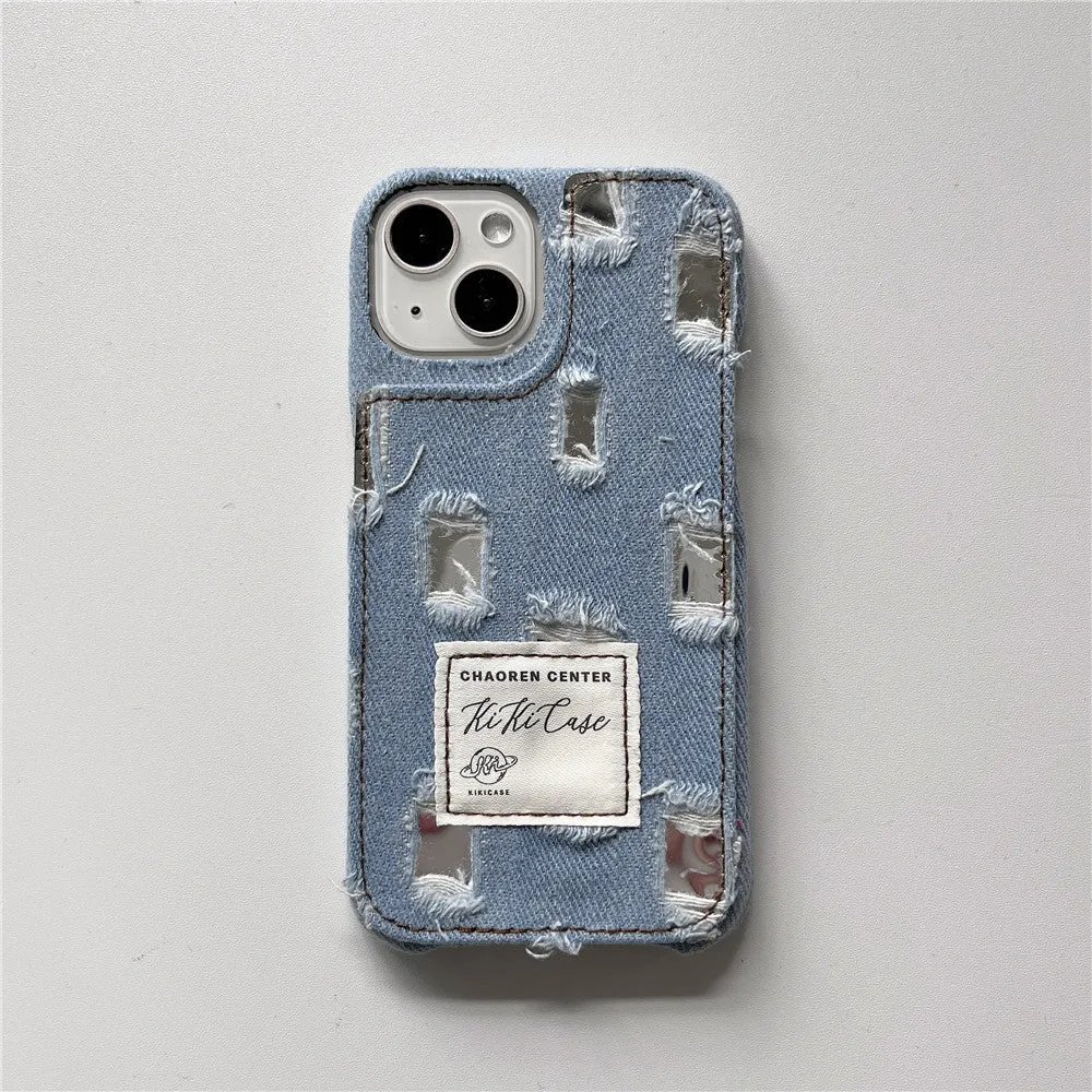 Mirror hole denim TPU phone case with rhinestone animal pattern for iPhone, back cover in rose red