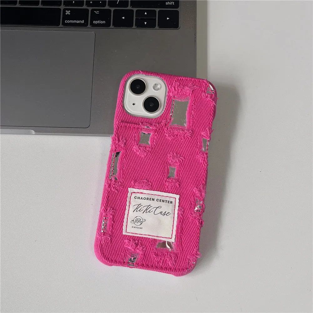 Mirror hole denim TPU phone case with rhinestone animal pattern for iPhone, back cover in rose red