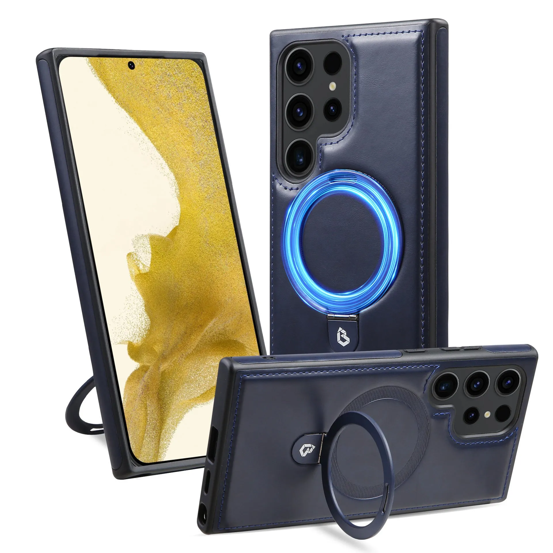 Magnetic ring holder PU leather business protective cover for Samsung phone, black, with ring folded flat showing all-inclusive back coverage