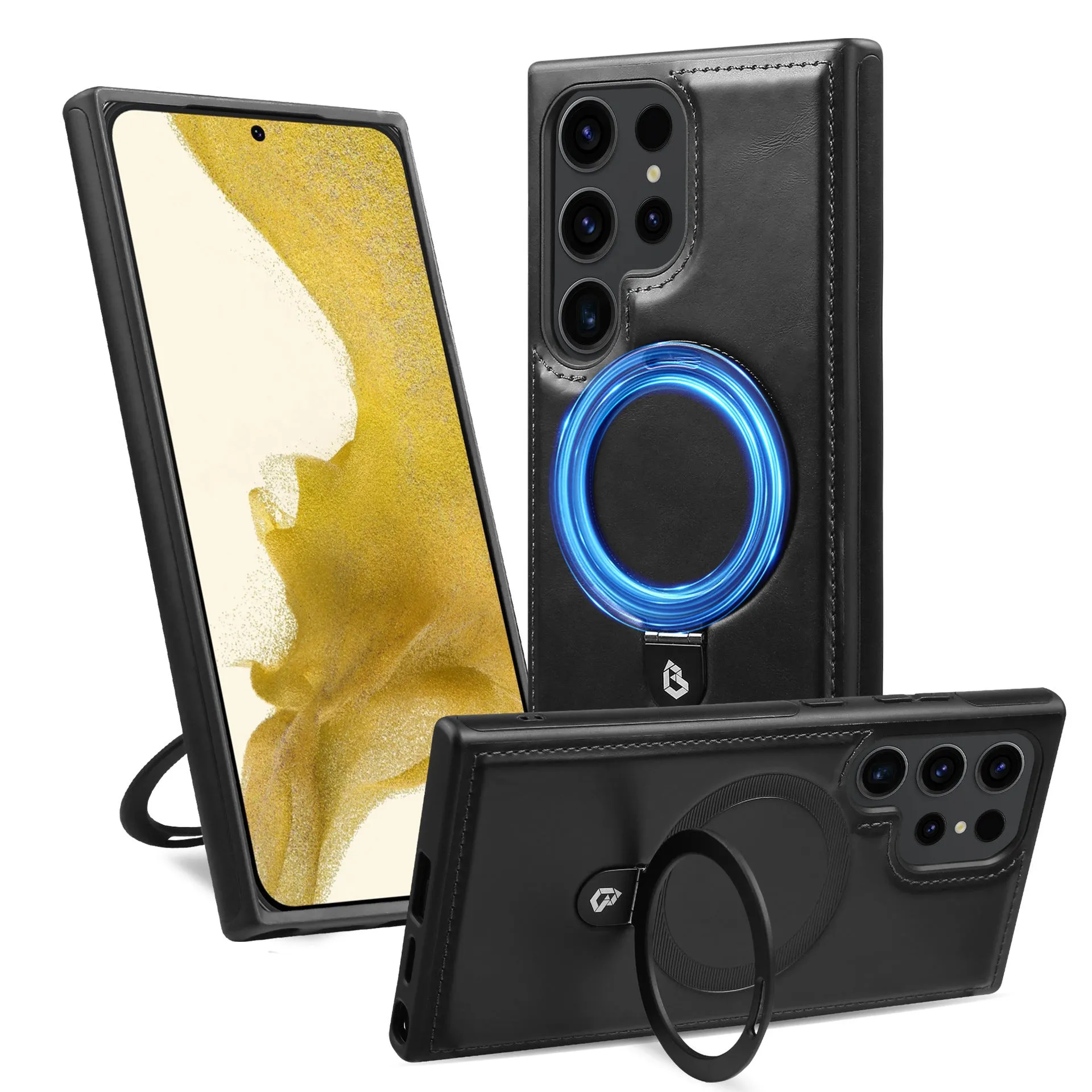 Magnetic ring holder PU leather business protective cover for Samsung phone, black, with ring folded flat showing all-inclusive back coverage