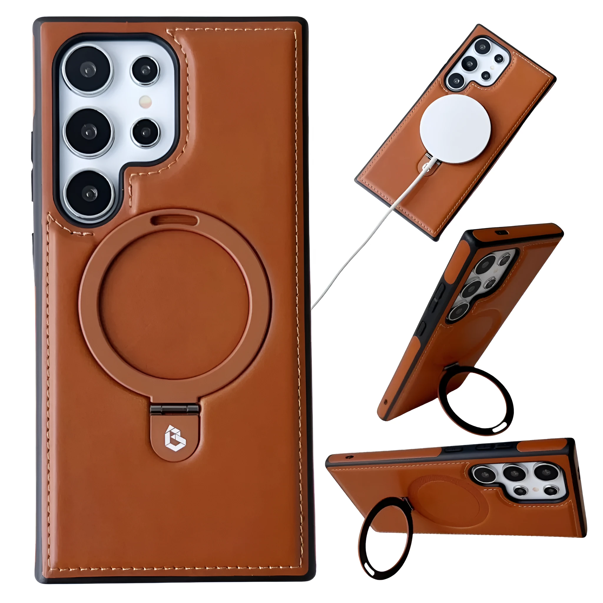 Magnetic ring holder PU leather business protective cover for Samsung phone, black, with ring folded flat showing all-inclusive back coverage