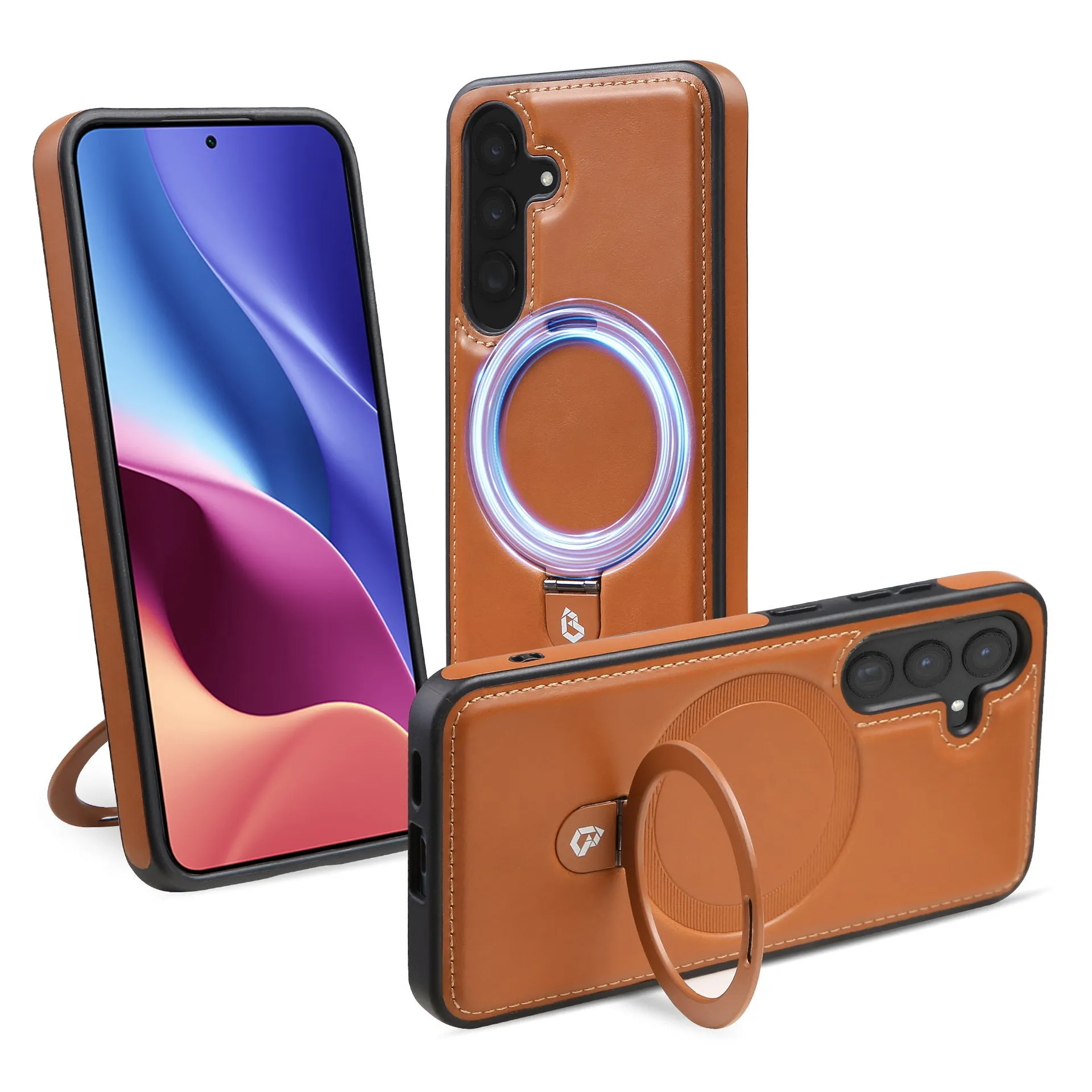 Magnetic ring holder PU leather business protective cover for Samsung phone, black, with ring folded flat showing all-inclusive back coverage
