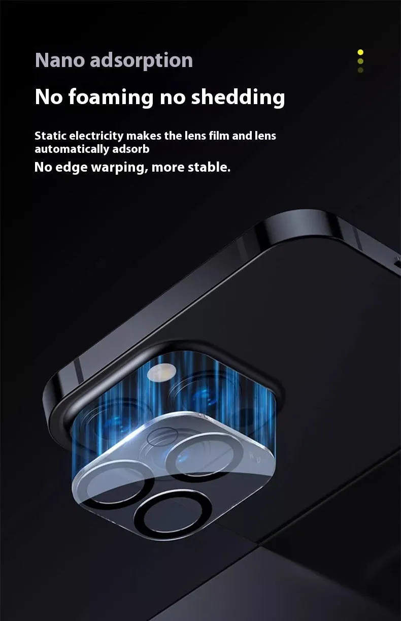 Tempered glass camera lens protector for iPhone showing integrated rear film covering camera module