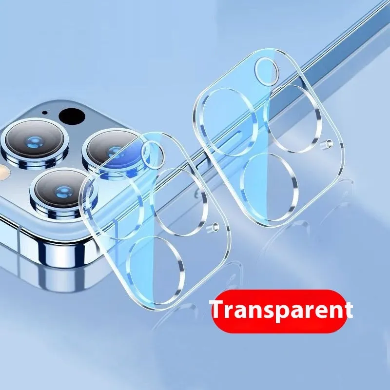 Tempered glass camera lens protector for iPhone showing integrated rear film covering camera module
