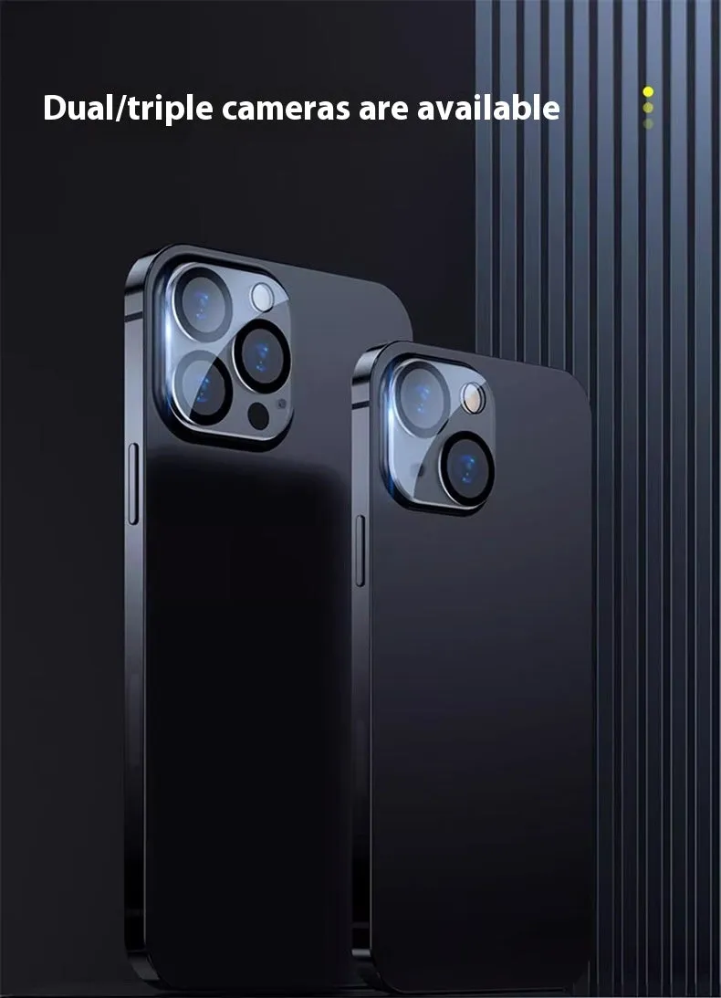 Tempered glass camera lens protector for iPhone showing integrated rear film covering camera module