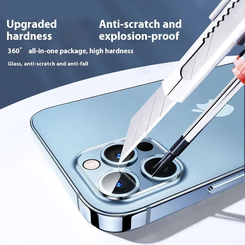 Tempered glass camera lens protector for iPhone showing integrated rear film covering camera module