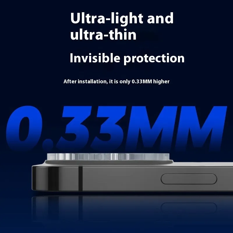 Tempered glass camera lens protector for iPhone showing integrated rear film covering camera module